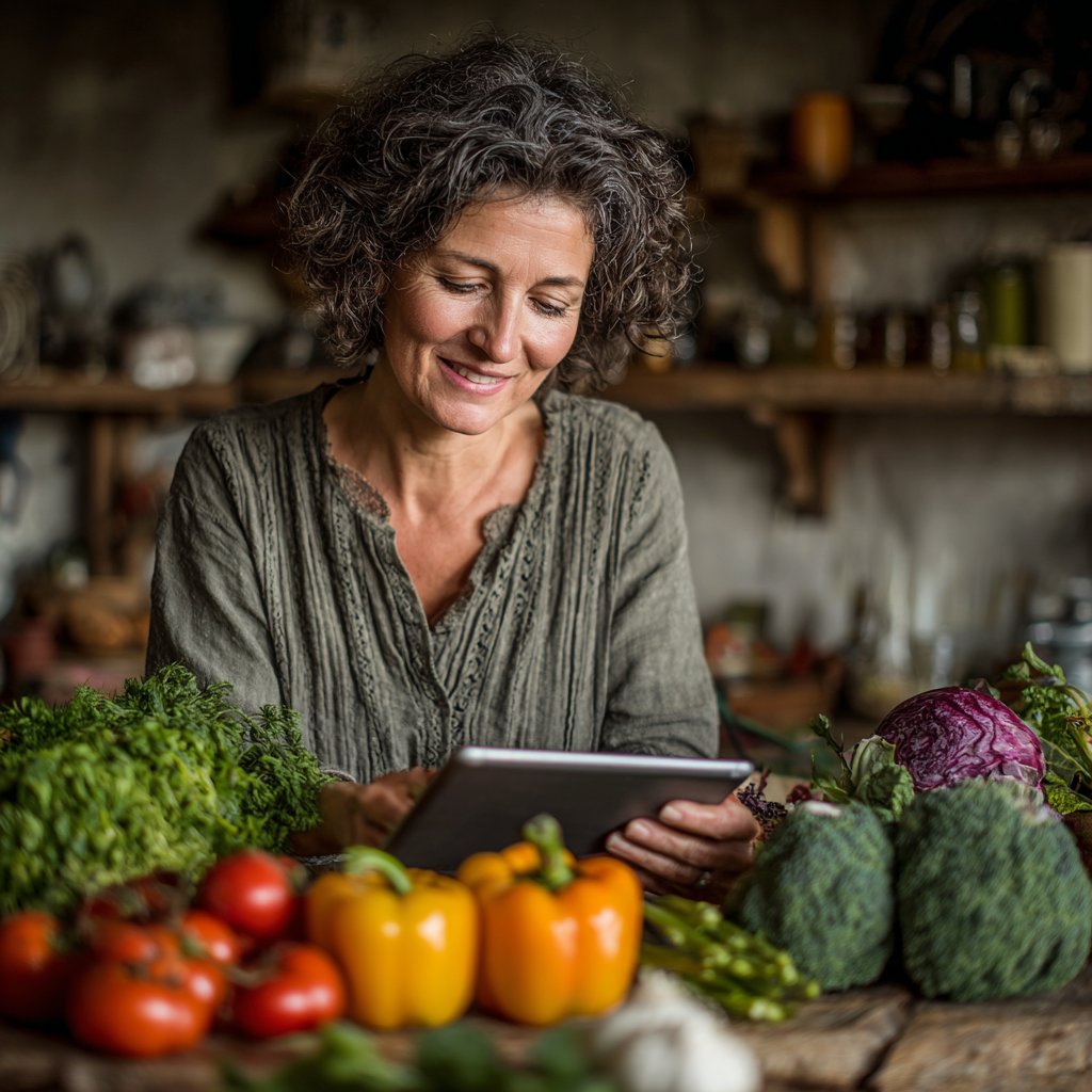 Mujer de 52 años sonriendo mientras revisa su plan nutricional en una tablet, rodeada de ingredientes frescos y saludables en su mesa de cocina