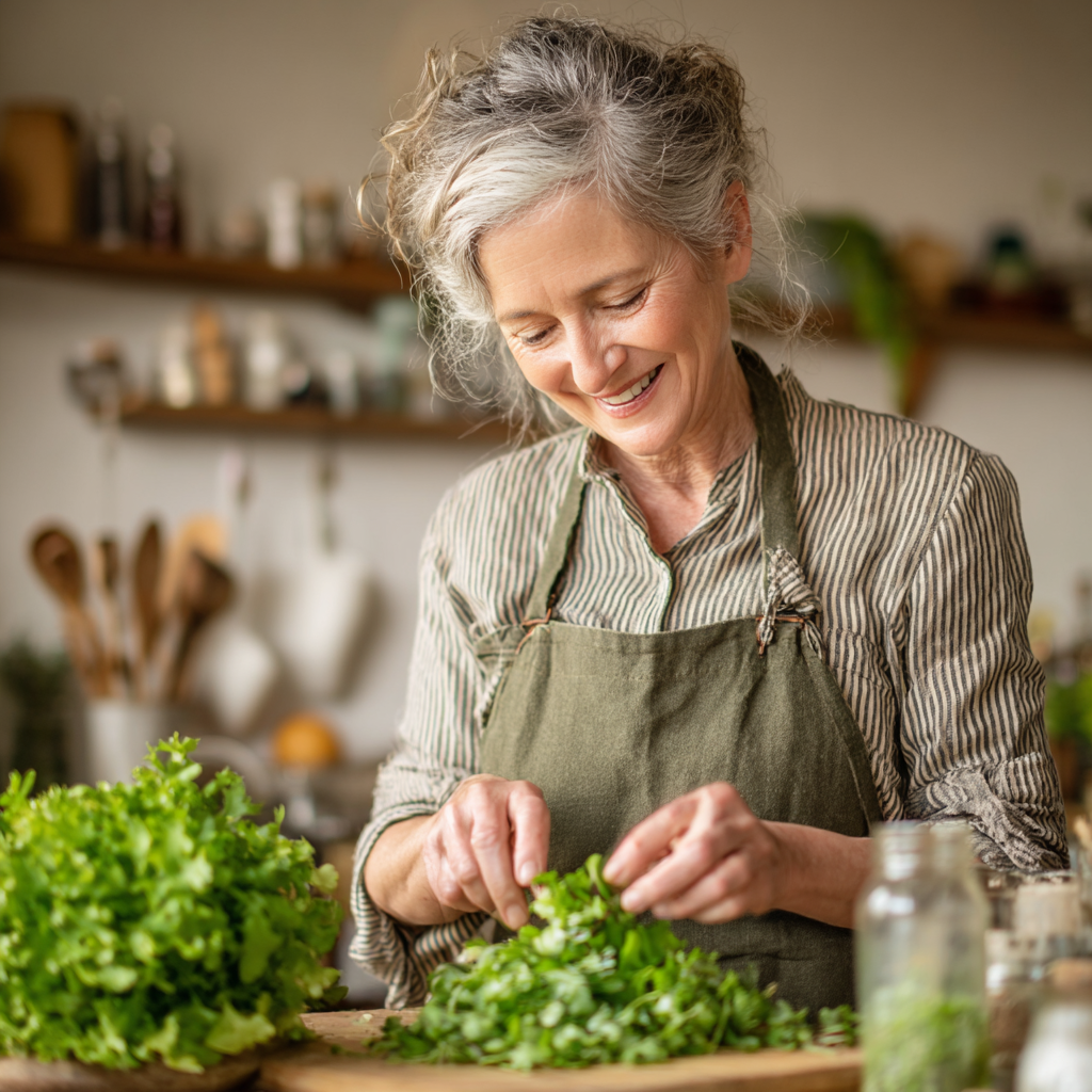 Mujer de 55 años sonriendo mientras prepara una ensalada fresca en su cocina moderna, mostrando satisfacción y bienestar