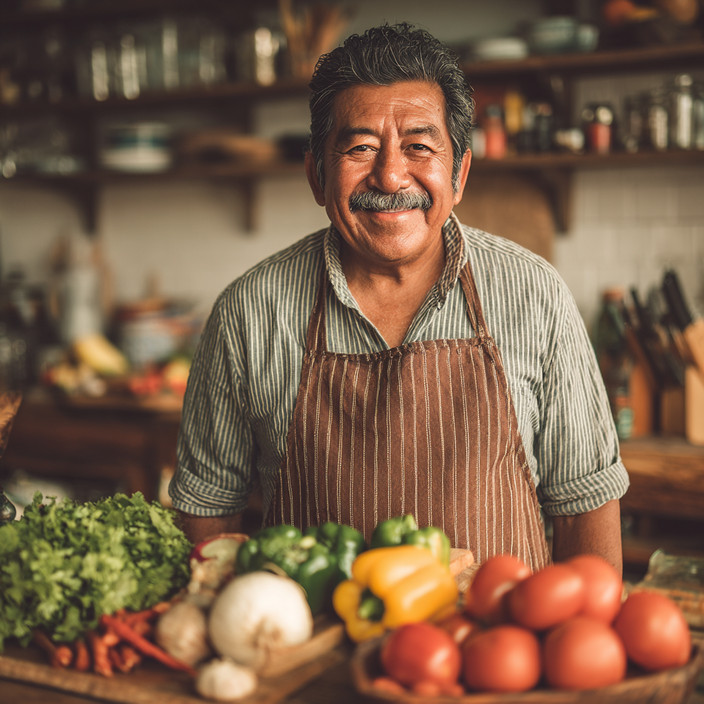 Hombre de 58 años de origen mexicano cocinando con ingredientes frescos y coloridos en su cocina, mostrando alegría y satisfacción por su alimentación saludable